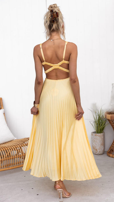 Sofie - Gelbes Plissiertes V-Ausschnitt Maxikleid